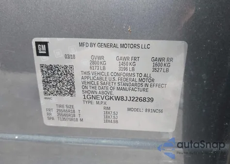 2018 Chevrolet Traverse 1Lt z USA, uszkodzony, nr VIN 1GNEVGKW8JJ226839